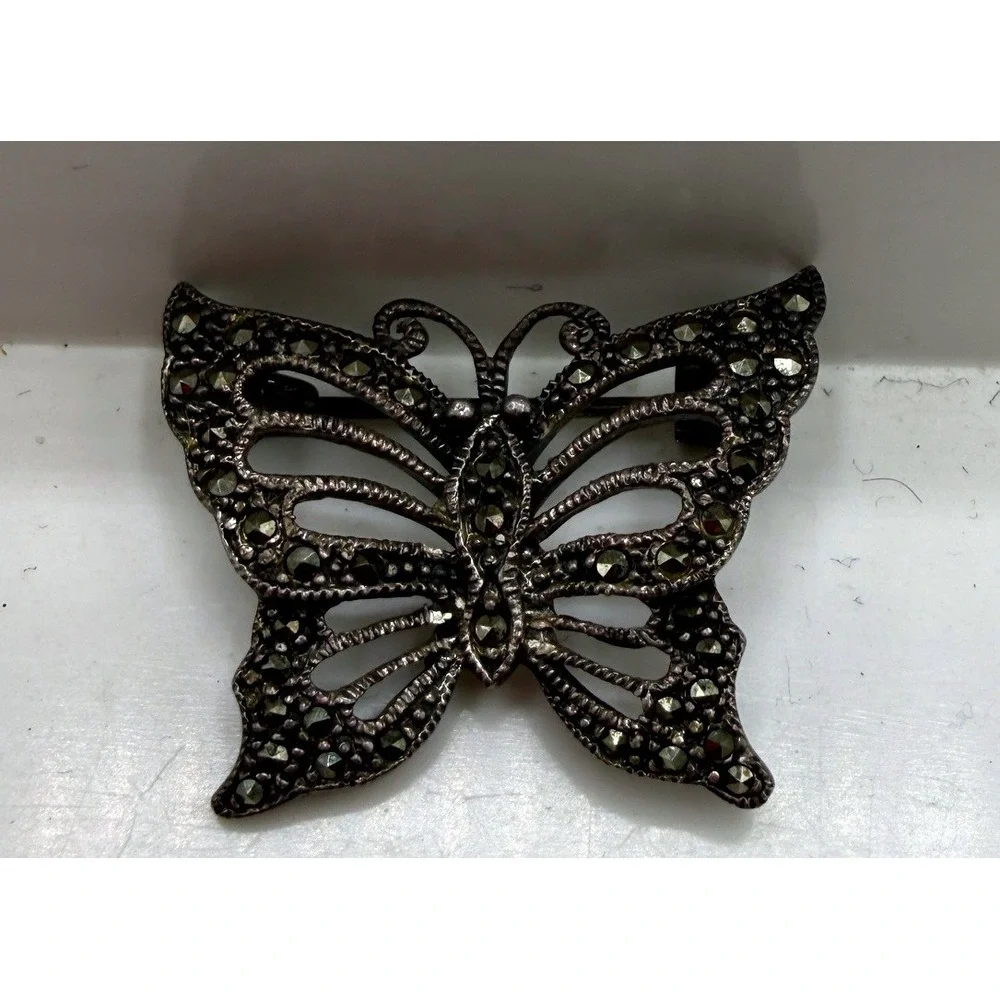 Vintage 925 Sterling Silver Marcasite Butterfly Brooch Pin Art Deco Style 5.68g